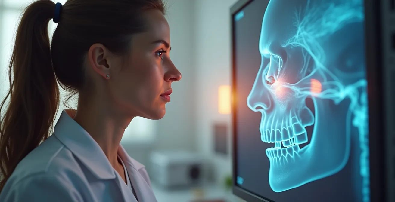 Digitale 3D-Simulation einer Nasenkorrektur mit anatomischen Markierungen und Vorher-Nachher-Visualisierung