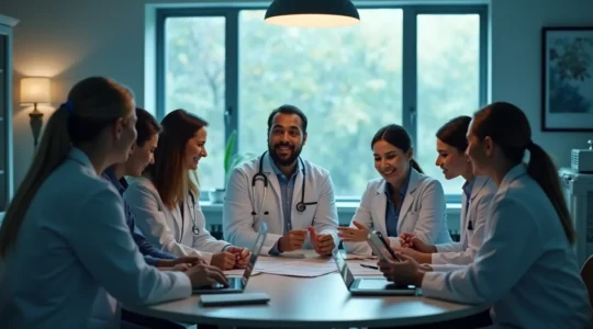 Symbolische Darstellung eines interdisziplinären Ärzteteams, das einen ganzheitlichen Patienten betreut