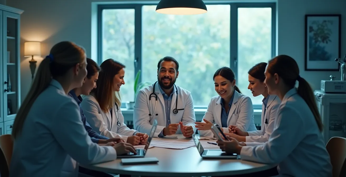 Symbolische Darstellung eines interdisziplinären Ärzteteams, das einen ganzheitlichen Patienten betreut