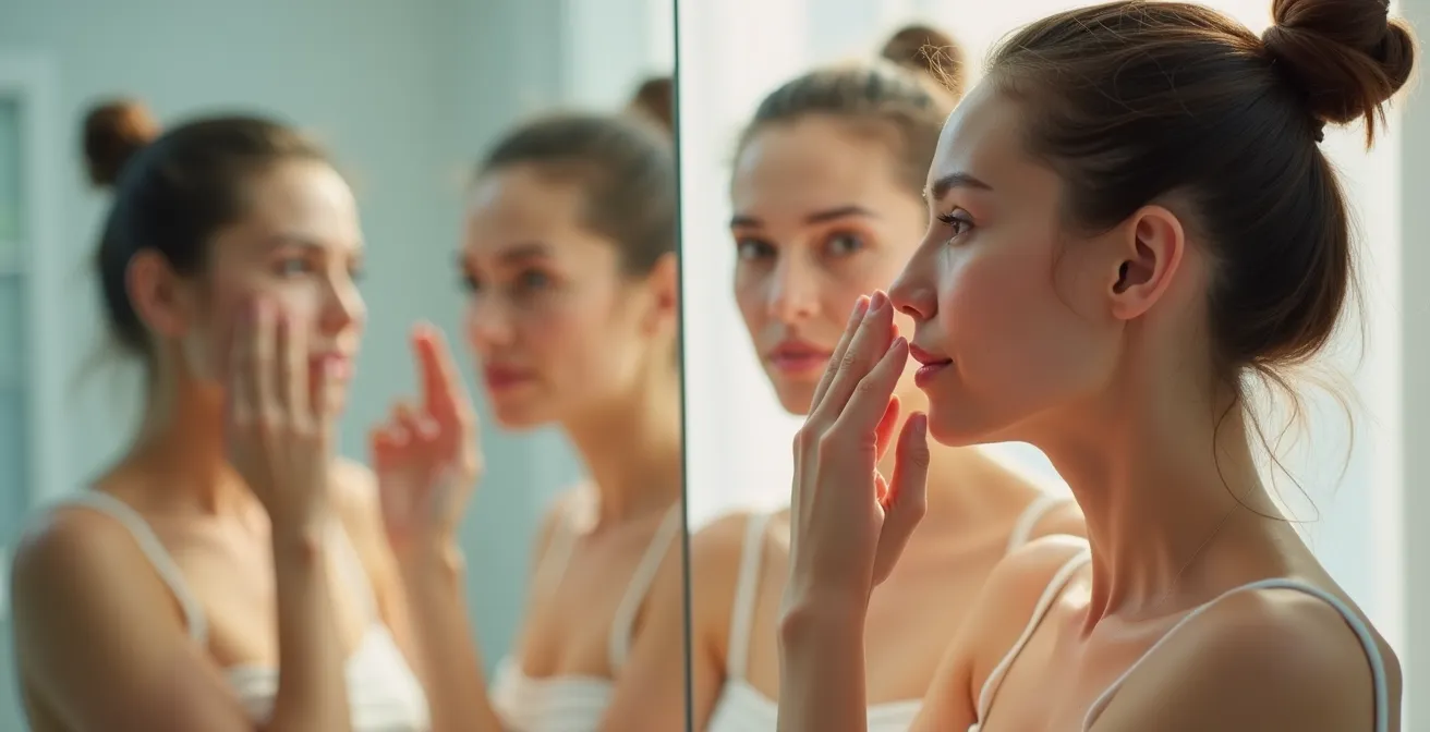 Infografik-ähnliche Visualisierung einer Zeitleiste über 14 Tage, die den Unterschied zwischen 'echter Ausfallzeit' (zu Hause bleiben) und 'sozialer Ausfallzeit' (Make-up möglich) nach kosmetischen Peelings zeigt, mit visuellen Markierungen für Rötung und Schwellung.