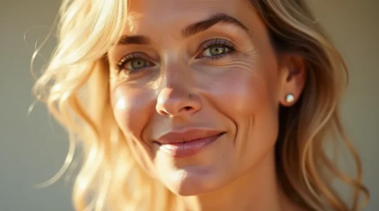 Porträt einer Frau mittleren Alters mit ebenmäßiger, glatter Haut und natürlichem, strahlendem Teint.