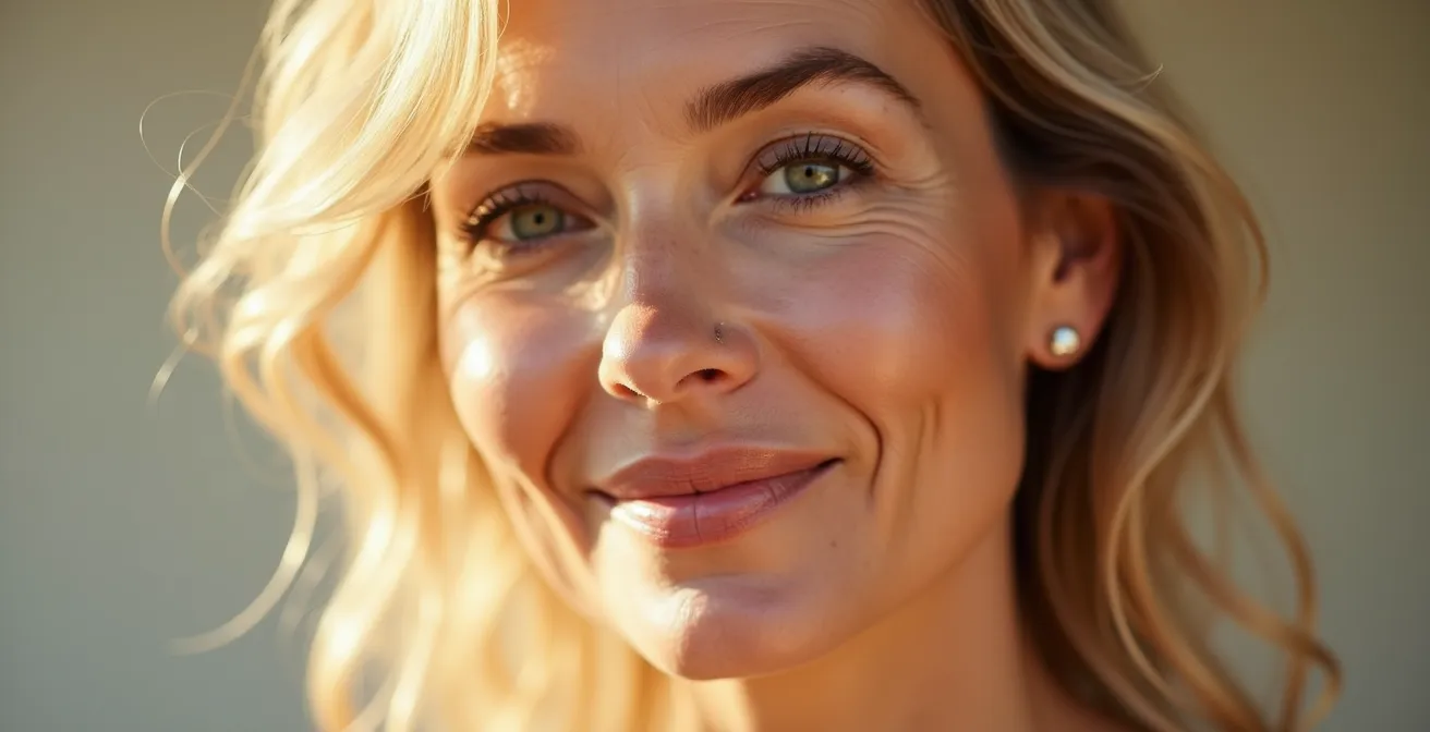 Porträt einer Frau mittleren Alters mit ebenmäßiger, glatter Haut und natürlichem, strahlendem Teint.