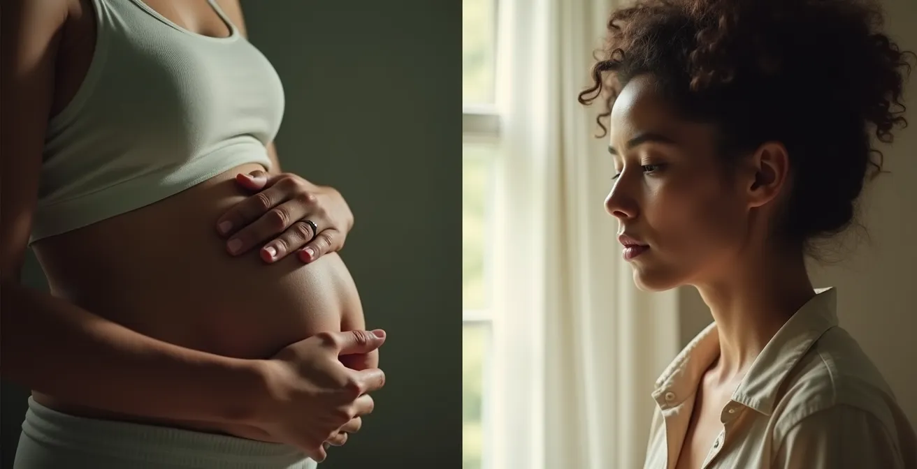 Geteilter Bildschirm: Links eine Person mit Bauchschmerzen, die physischen Hunger andeuten, rechts eine Person, die nachdenklich über Gefühle grübelt, was emotionalen Hunger symbolisiert.