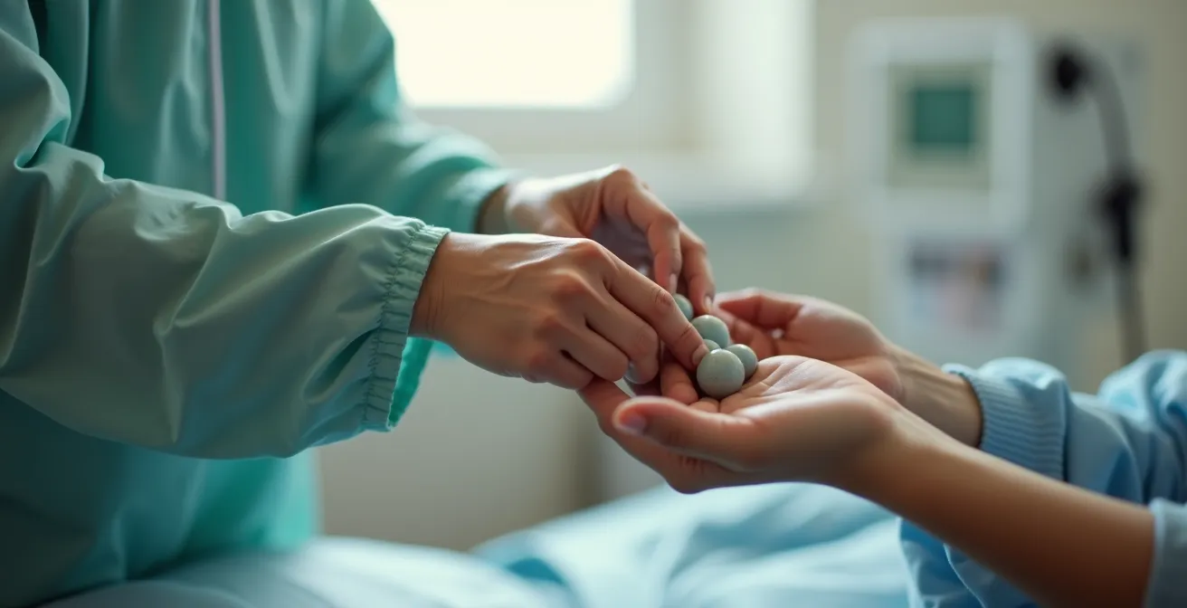 Ein Handtherapeut demonstriert gezielt eine motorische Übung mit einem Patienten, um die Finger-Feinmotorik nach einer chirurgischen Rekonstruktion wiederherzustellen.