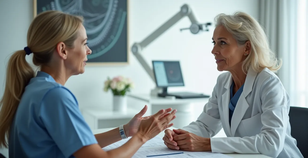 Ärztin und Patientin besprechen gemeinsam Behandlungsfortschritt anhand visueller Dokumentation