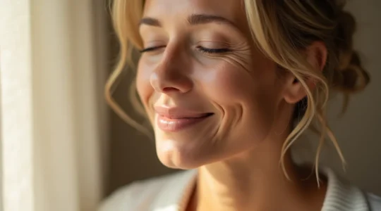 Eine Frau mit strahlender, erholter Gesichtsausstrahlung in natürlichem Licht, die subtile Optimierungen und Harmonie ausstrahlt