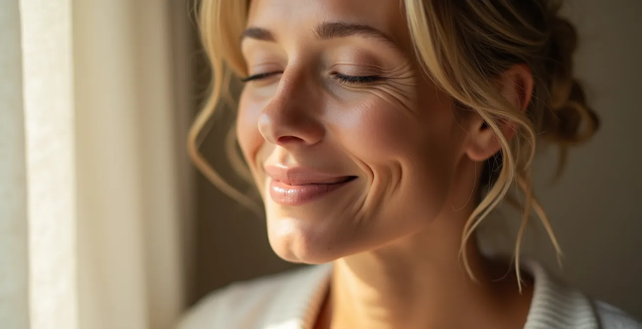 Eine Frau mit strahlender, erholter Gesichtsausstrahlung in natürlichem Licht, die subtile Optimierungen und Harmonie ausstrahlt