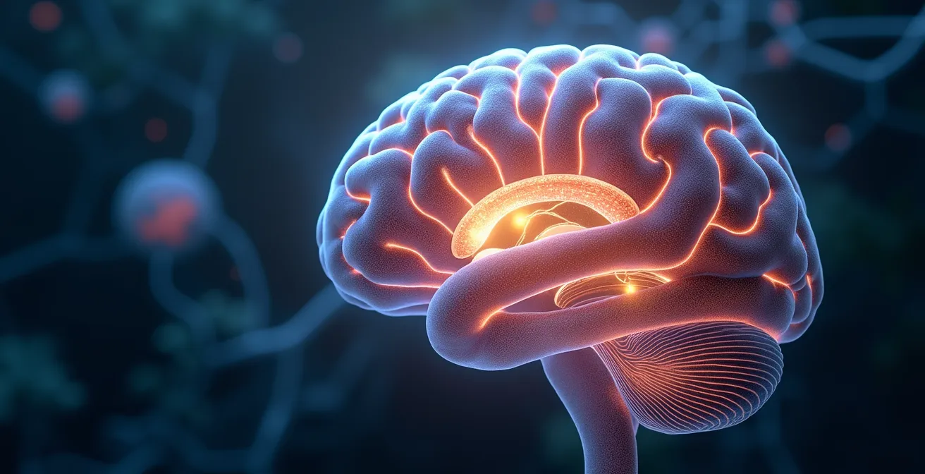 Visualisierung der Wechselwirkung zwischen Nährstoffen, Neurotransmittern und kognitiver Klarheit im Gehirn