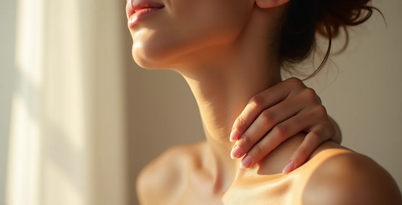 Nahaufnahme einer reifen Hand und des Halsbereichs mit glatter Haut und gleichmäßigem Teint.