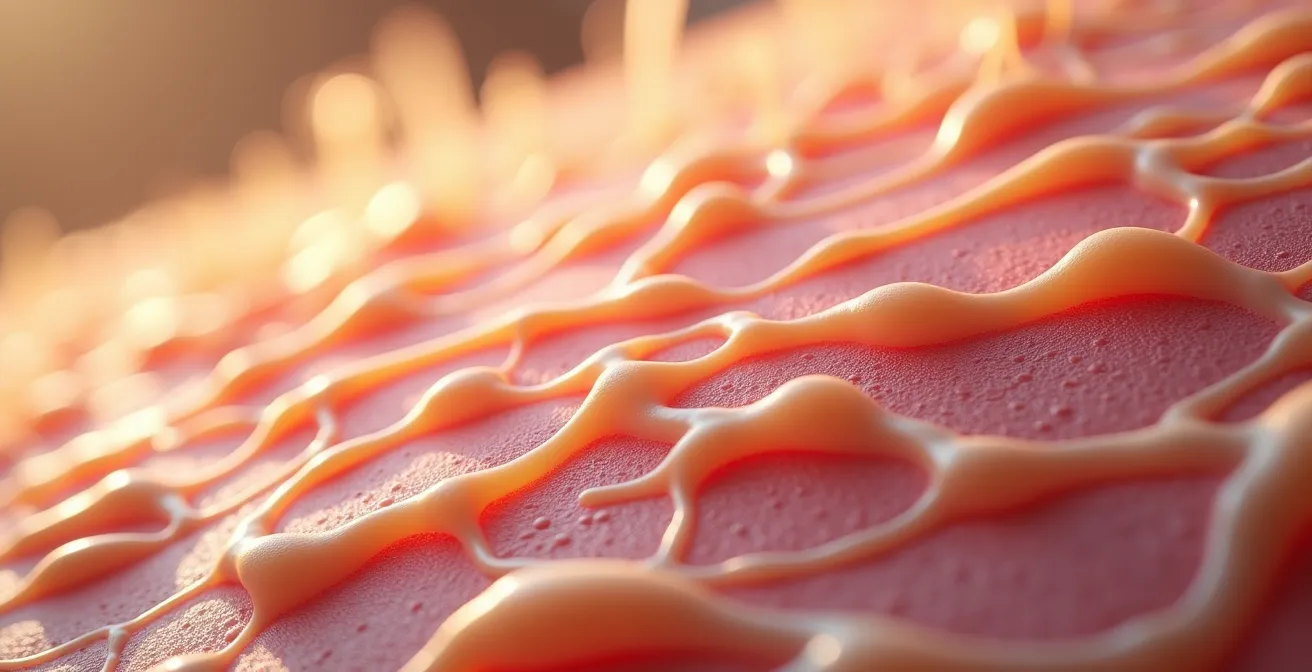 Mikroskopische Nahaufnahme von Hautstruktur, die die Kollagen- und Elastinfasern zeigt, welche die Hautqualität bestimmen.