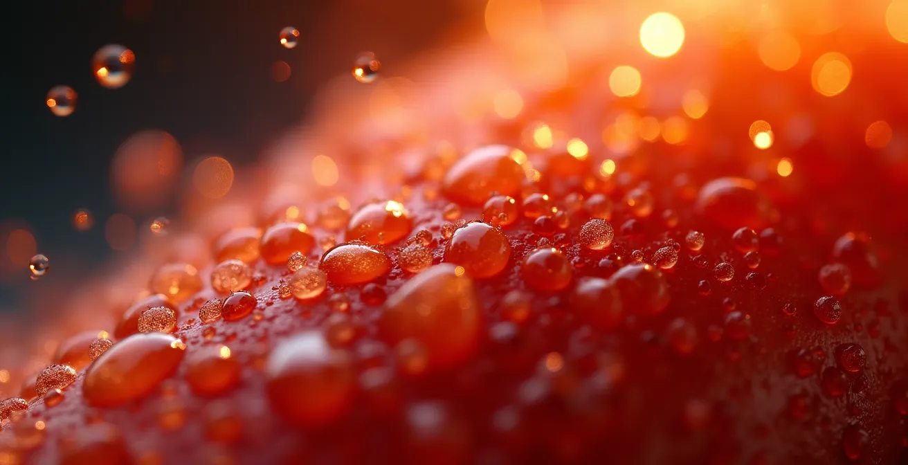 Eine abstrakte Makroaufnahme, die die intensive Energie und Anstrengung eines HIIT-Workouts durch leuchtende Energieimpulse darstellt.