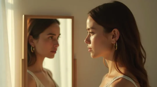 Porträt einer nachdenklichen Person, die ihren Körper im Spiegel betrachtet - symbolisiert die innere Akzeptanz von Körpergrenzen und natürlichen Grenzen der Ästhetik