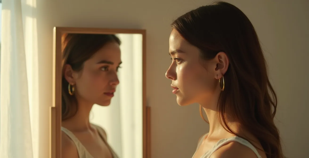 Porträt einer nachdenklichen Person, die ihren Körper im Spiegel betrachtet - symbolisiert die innere Akzeptanz von Körpergrenzen und natürlichen Grenzen der Ästhetik