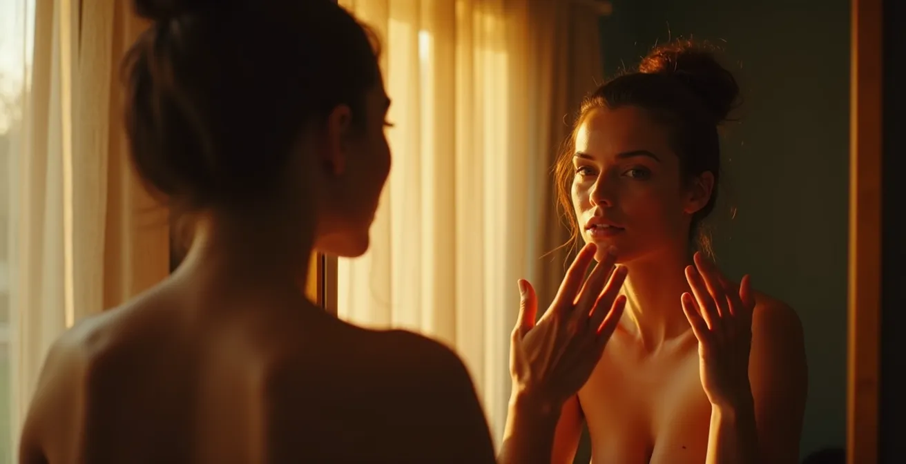 Symbolische Darstellung eines Menschen, der sich selbst wieder erkennt und umarmt, umgeben von Licht und Heilung nach einer Rekonstruktionsoperation