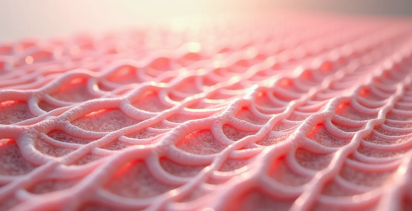 Detaillierte makroskopische Nahaufnahme von Kollagenfasern in verschiedenen Schichten der Dermis.