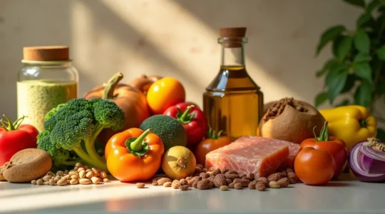 Ausgewogene Nährstoffquellen, Kraft und Schönheit vereint - eine Szene mit frischen, hochwertigen Lebensmitteln und athletischer Balance