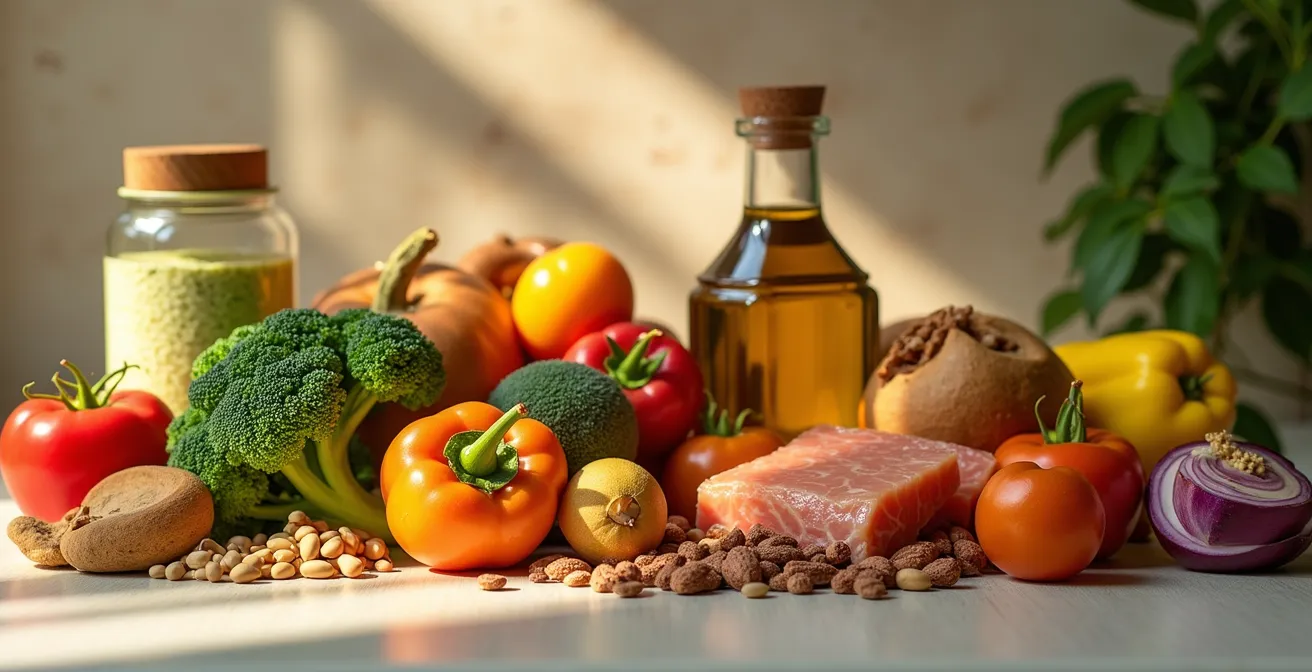 Ausgewogene Nährstoffquellen, Kraft und Schönheit vereint - eine Szene mit frischen, hochwertigen Lebensmitteln und athletischer Balance