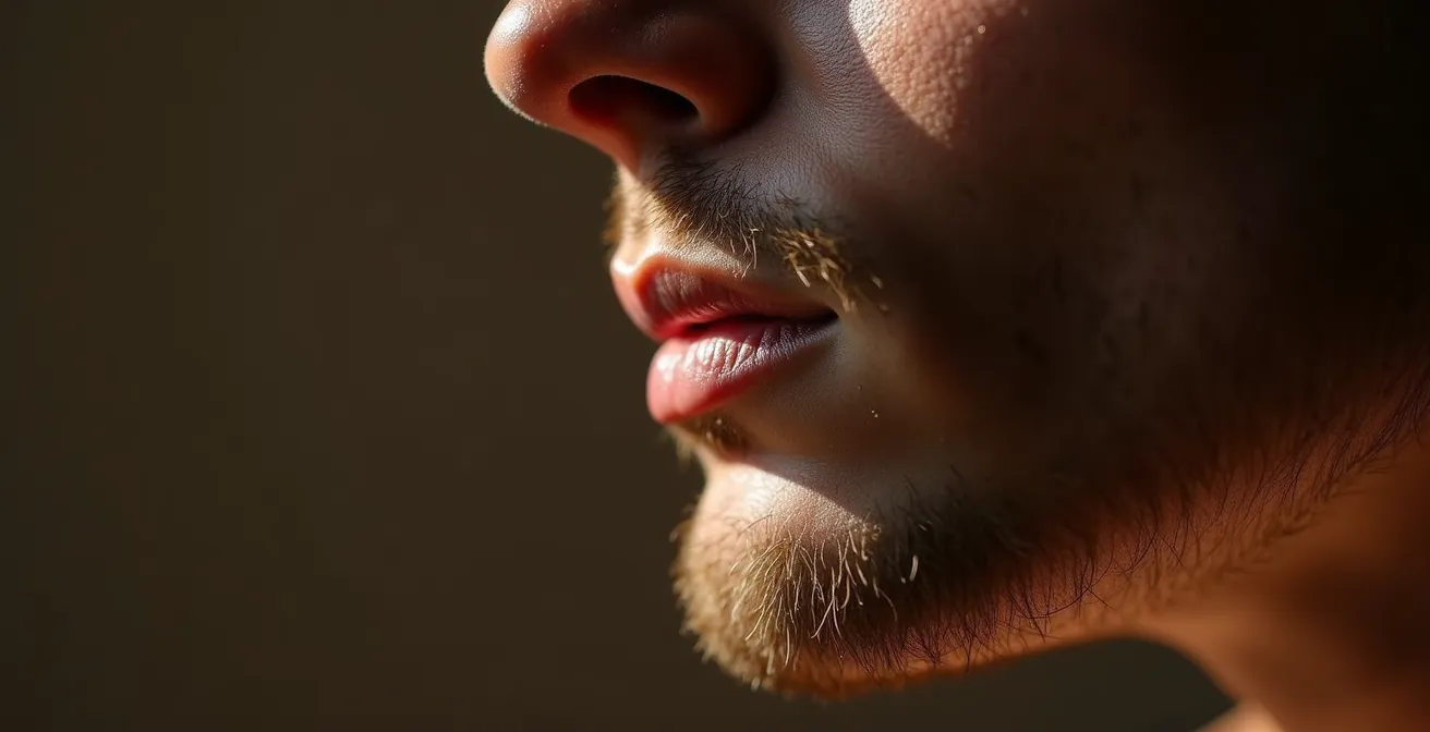 Nahaufnahme des Unterkiefers und der Kinnlinie einer männlichen Gesichtsstruktur mit präzise definierten Konturen und maskuliner Struktur