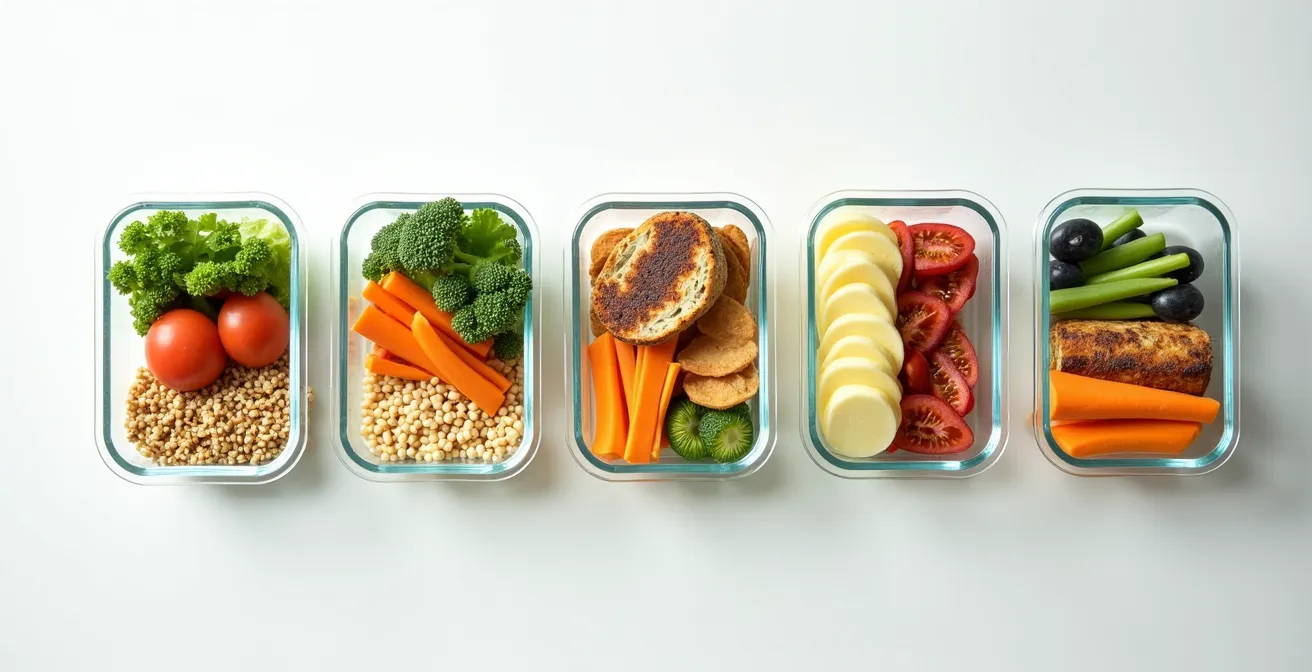 Minimalistisch arrangierte Meal-Prep-Glasgefäße mit schichtweise geordneten Zutaten in Naturfarben, auf weißem Hintergrund.