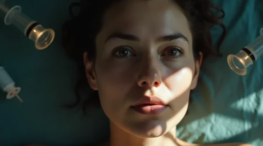 Symbolische Darstellung eines Gesichts mit müden Augen, fahler Haut und ersten Falten, umgeben von ästhetischen Behandlungssymbolen wie Botox, Fillern und Laserbehandlung