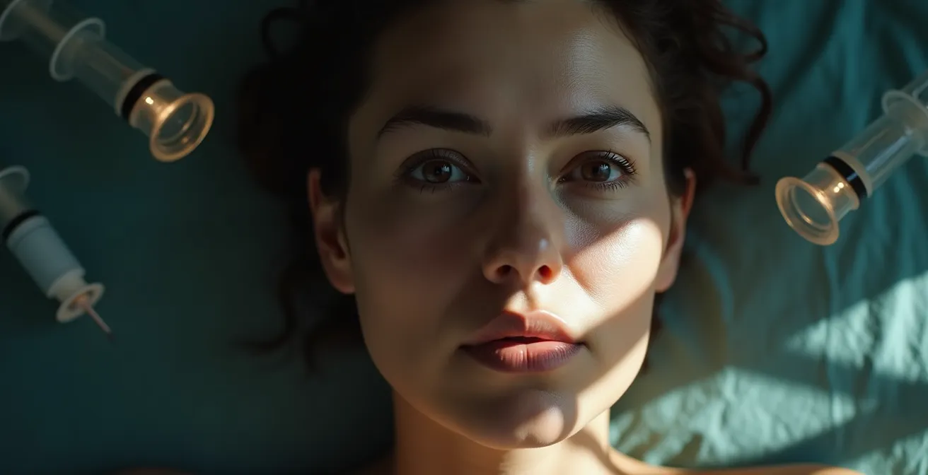 Symbolische Darstellung eines Gesichts mit müden Augen, fahler Haut und ersten Falten, umgeben von ästhetischen Behandlungssymbolen wie Botox, Fillern und Laserbehandlung