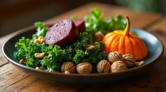 Vielfarbige Fülle von saisonalem deutschem Gemüse, Obst und Nüssen, kunstvoll auf einem hellen Teller arrangiert, natürliche Beleuchtung.