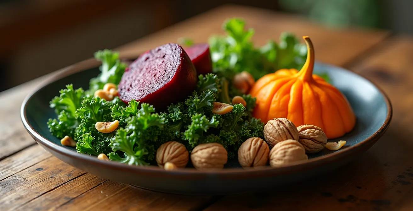 Vielfarbige Fülle von saisonalem deutschem Gemüse, Obst und Nüssen, kunstvoll auf einem hellen Teller arrangiert, natürliche Beleuchtung.