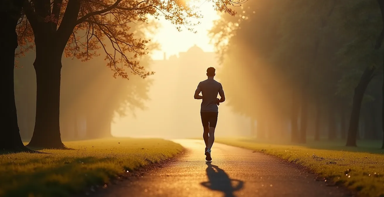 Ein Läufer in der frühen Morgendämmerung in einem deutschen Volkspark, dessen energetisierter Körper den aktivierten Stoffwechsel symbolisiert.