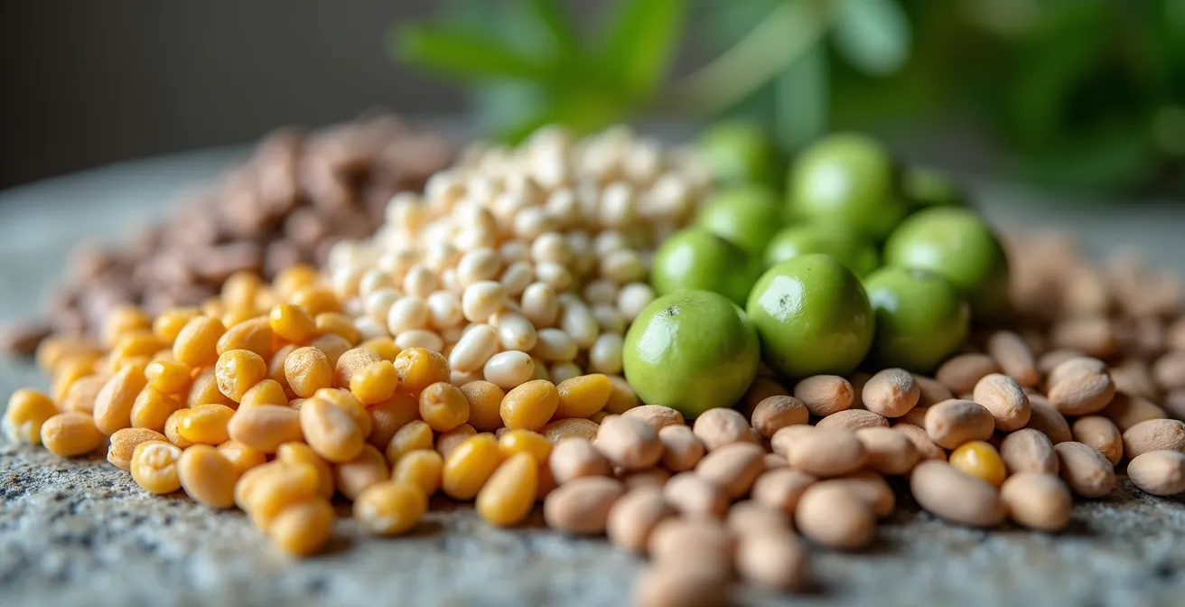 Farbenfrohe Arrangement von deutschen Proteinquellen - Lupinen, Erbsen, Hanfsamen, Linsen - mit Strukturdetails