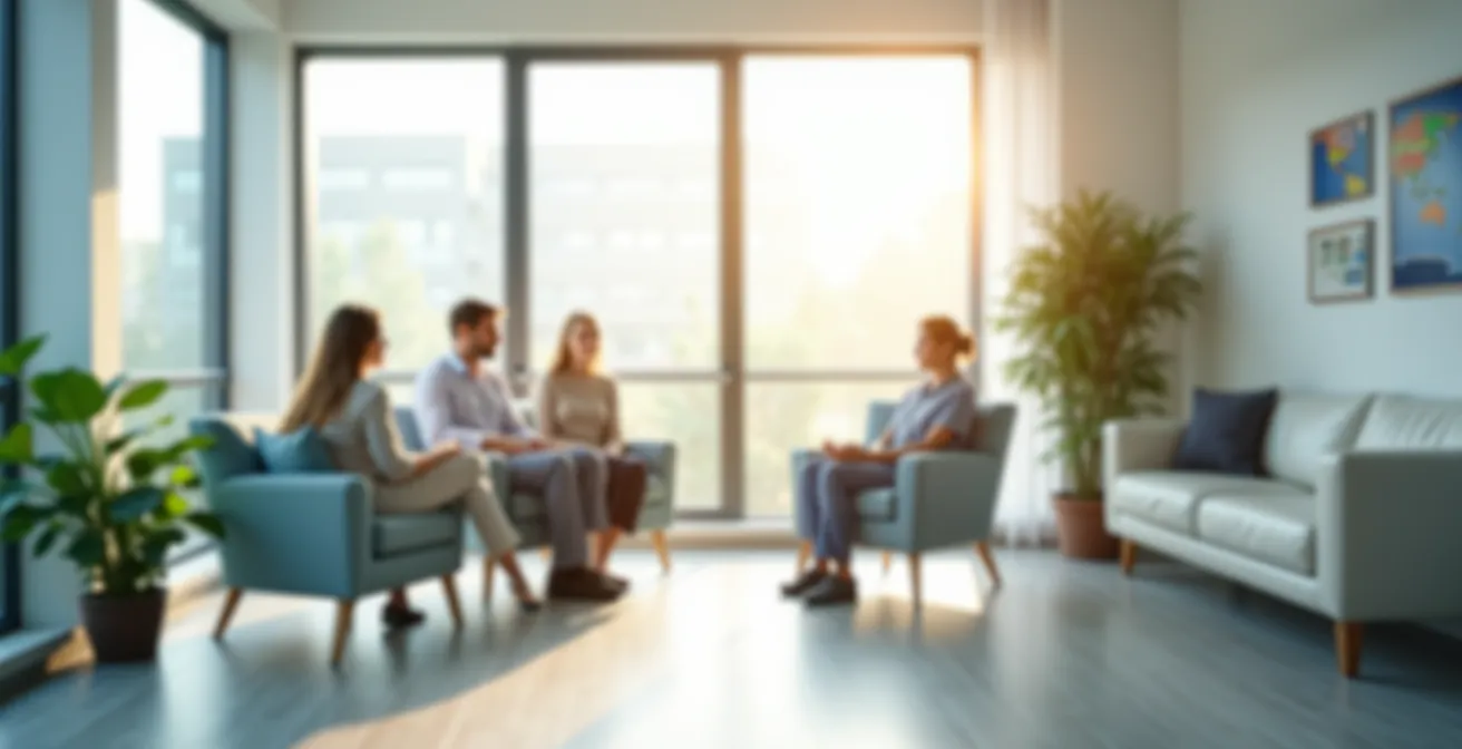 Ein Patient sitzt entspannt in einem Gemeinschaftsraum einer Reha-Klinik und beteiligt sich an einer Gruppenaktivität mit anderen Rehabilitanden.