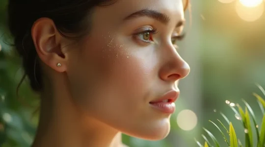 Nahaufnahme eines weiblichen Gesichts mit strahlender, jugendlicher Haut, umgeben von zarten botanischen Elementen und natürlichem Licht, das die subtile Raffinesse moderner ästhetischer Behandlungen symbolisiert.