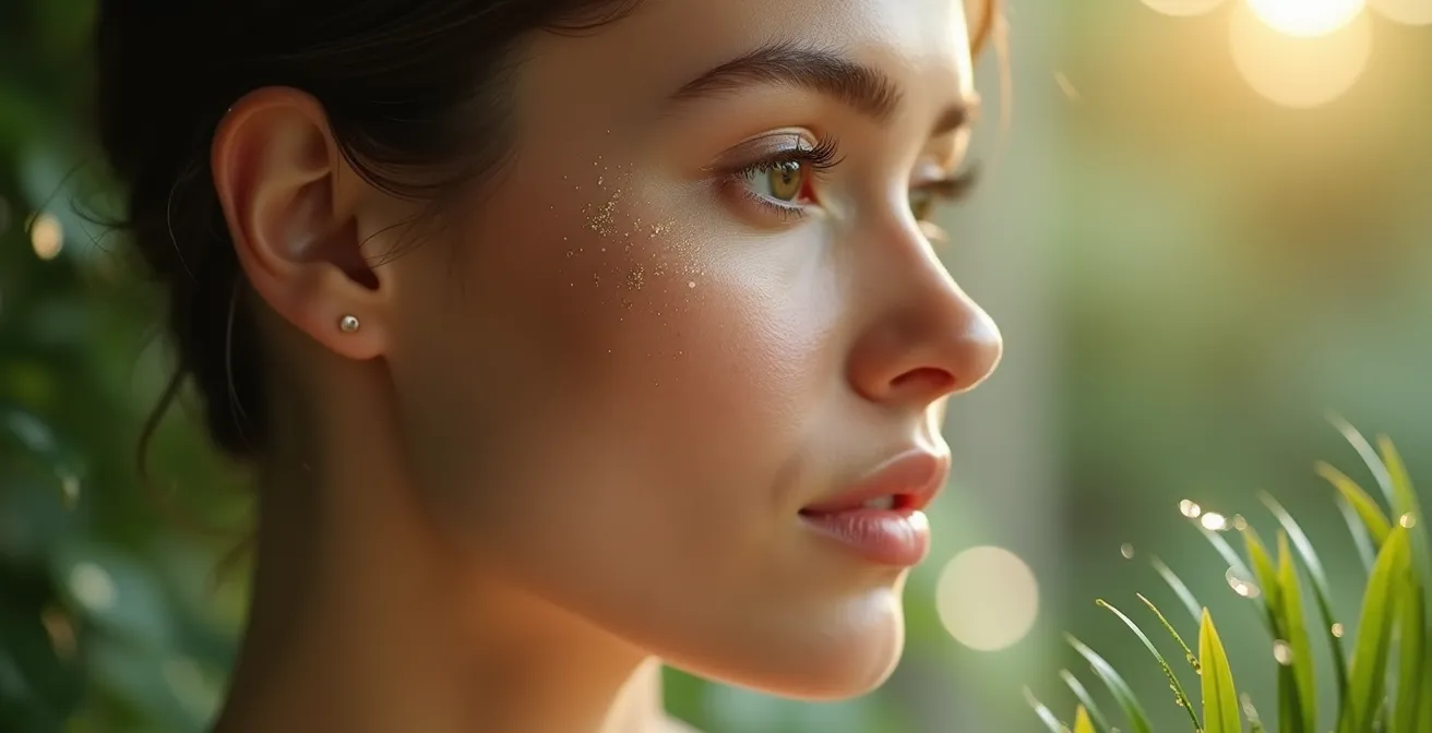 Nahaufnahme eines weiblichen Gesichts mit strahlender, jugendlicher Haut, umgeben von zarten botanischen Elementen und natürlichem Licht, das die subtile Raffinesse moderner ästhetischer Behandlungen symbolisiert.