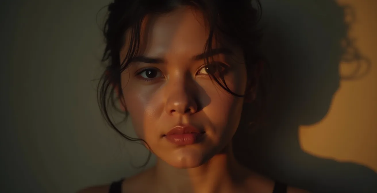 Eine reflexive Darstellung, die die ethischen Dimensionen der Schönheitschirurgie zeigt: Ein Gesicht mit subtilen Asymmetrien, hinterleuchtet durch sanftes Licht, symbolisiert den Übergang zwischen Individuum und gesellschaftlichen Idealen.