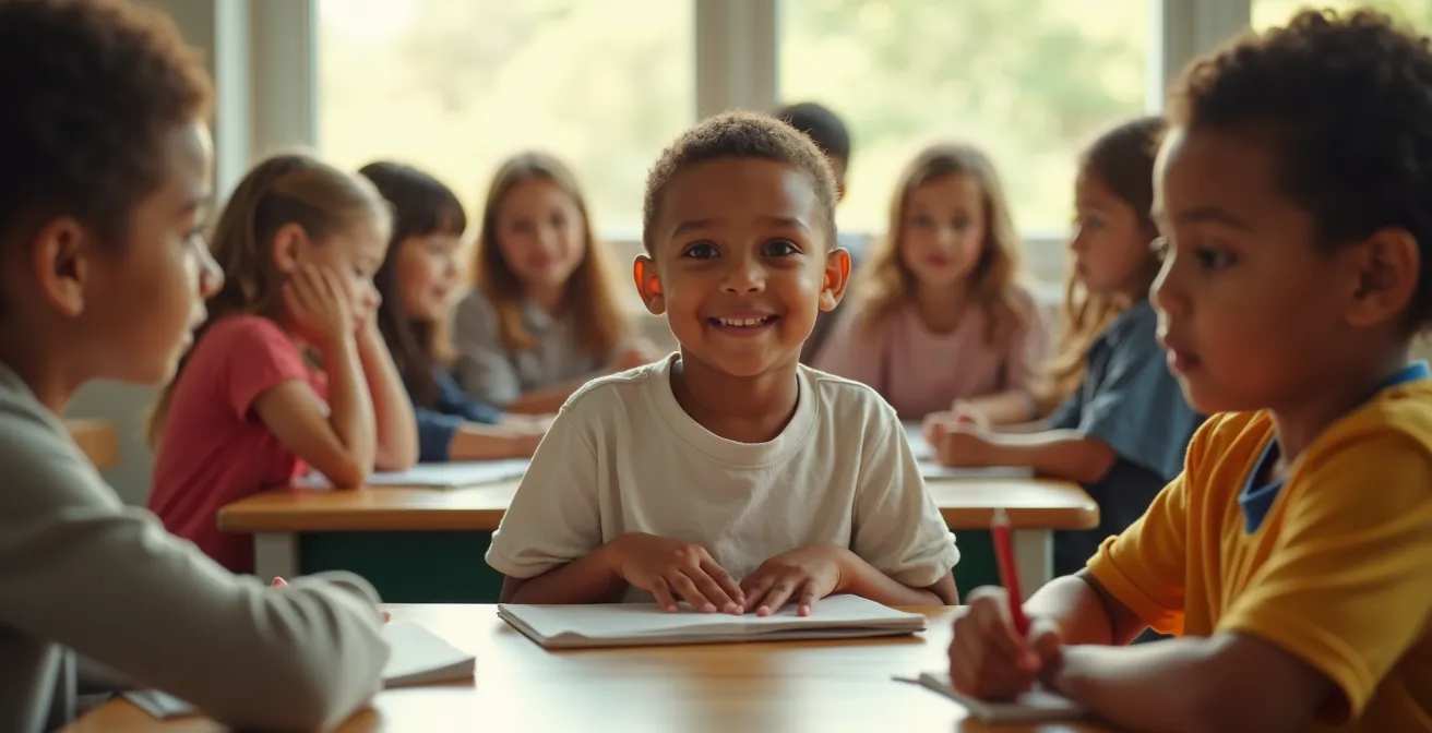 Kind in Schulklasse mit Selbstbewusstsein, umgeben von anderen Kindern, mit warmer Gruppenatmosphäre und inklusivem Setting