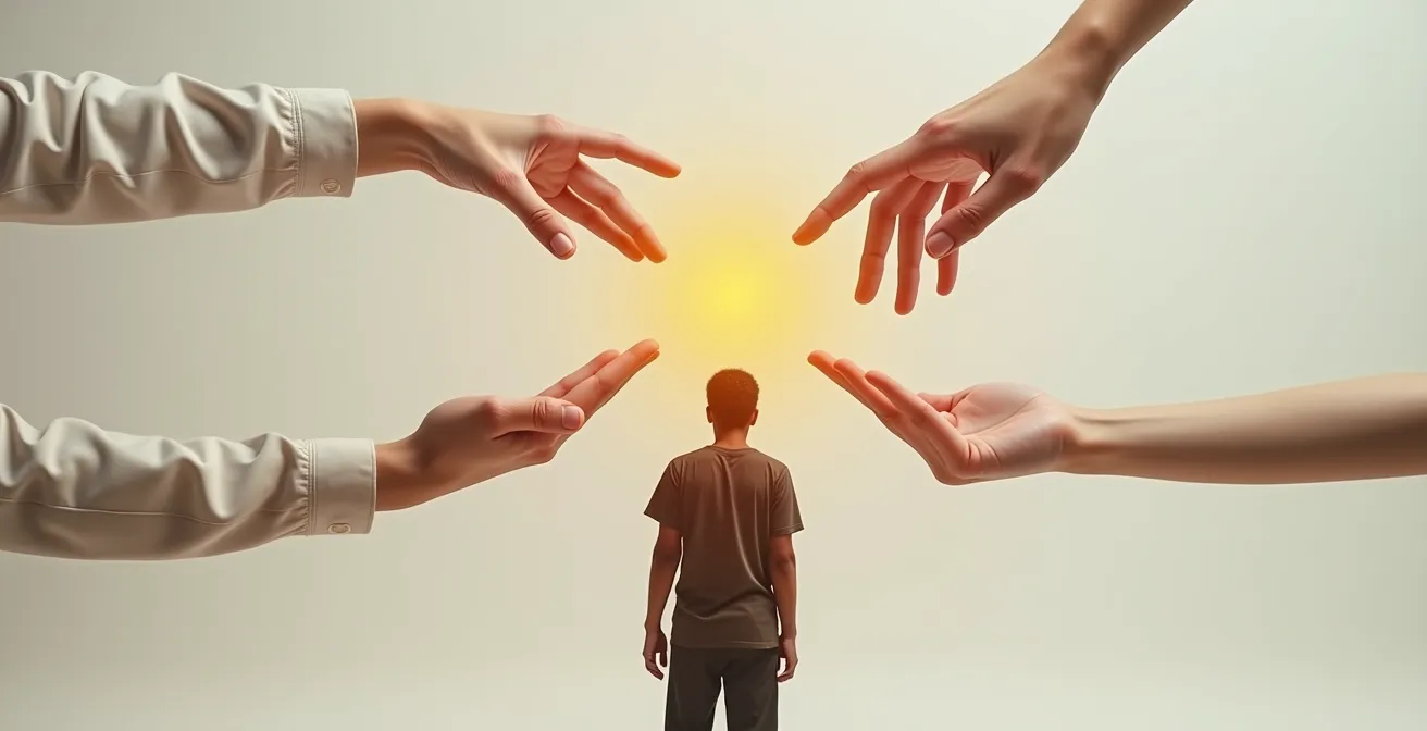 Person wählt aus verschiedenen Unterstützungsmaßnahmen, die sich nach ihren persönlichen Bedürfnissen richten, symbolische Darstellung von Autonomie