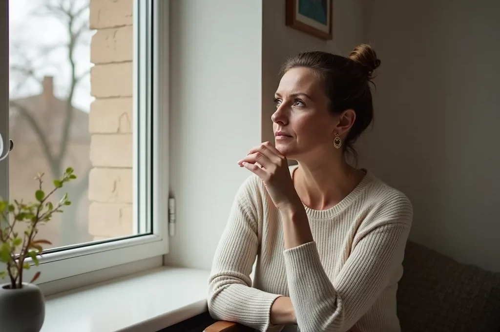 Nachdenkliche Frau mittleren Alters in ruhiger häuslicher Umgebung reflektiert ihre persönlichen Wünsche