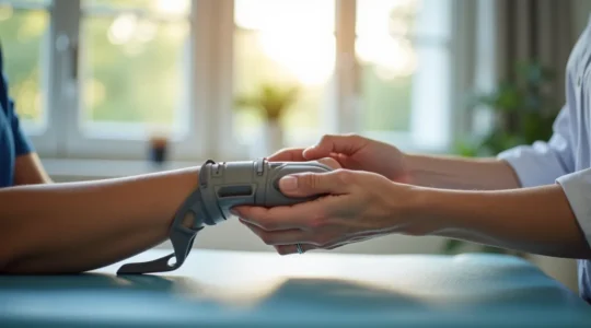 Ein Patient während einer Handtherapie-Sitzung mit einem spezialisierten Therapeuten, der funktionale Genesung nach einer Handoperation trainiert.