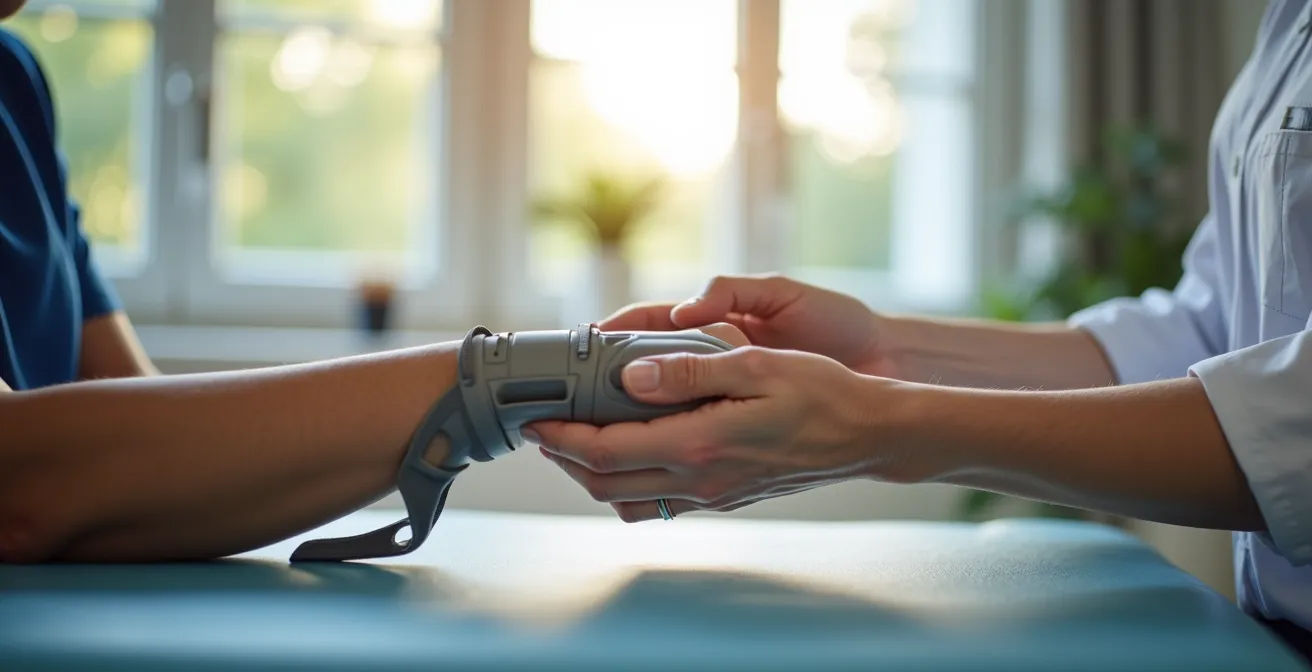 Ein Patient während einer Handtherapie-Sitzung mit einem spezialisierten Therapeuten, der funktionale Genesung nach einer Handoperation trainiert.