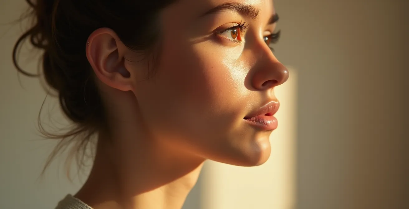 Schematische Darstellung der menschlichen Gesichtsproportionen, die die unveränderliche Knochenstruktur als Basis der Schönheit zeigt.