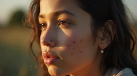 Ruhiges Portrait einer Person mit angeborener Fehlbildung, die mit Selbstbewusstsein in die Kamera blickt, vor naturlichem Hintergrund mit warmer Beleuchtung