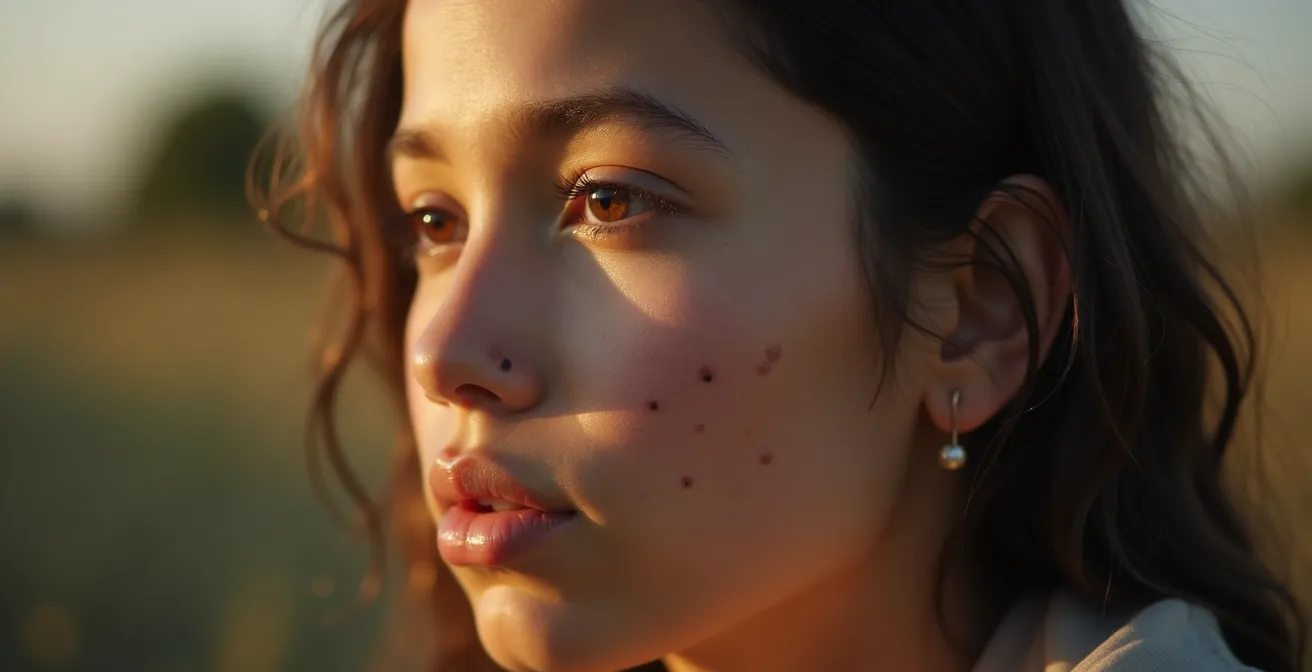 Ruhiges Portrait einer Person mit angeborener Fehlbildung, die mit Selbstbewusstsein in die Kamera blickt, vor naturlichem Hintergrund mit warmer Beleuchtung