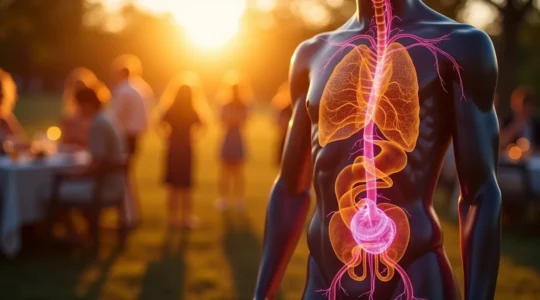 Eine fesselnde Darstellung eines Körpers im Profil mit leuchtenden inneren Energiepfaden, die zwischen Kohlenhydraten (warm, gelb) und Fetten (kühl, violett) umschalten, mit biologischen Molekülen und subtilen Symbolen des deutschen Alltags wie einem Biergarten oder Kantineessen im Hintergrund