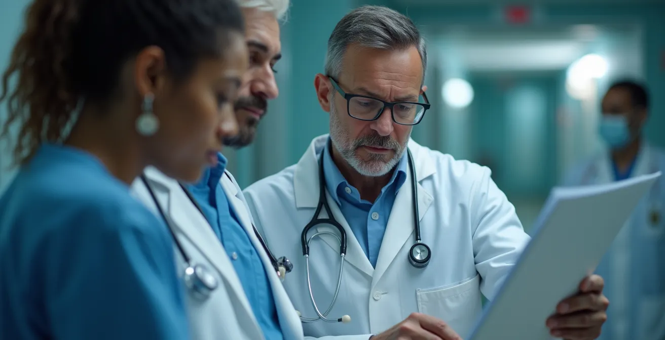 Ärzteteam und Therapeuten in einem interdisziplinären Gespräch zur integrierten Behandlung eines Patienten