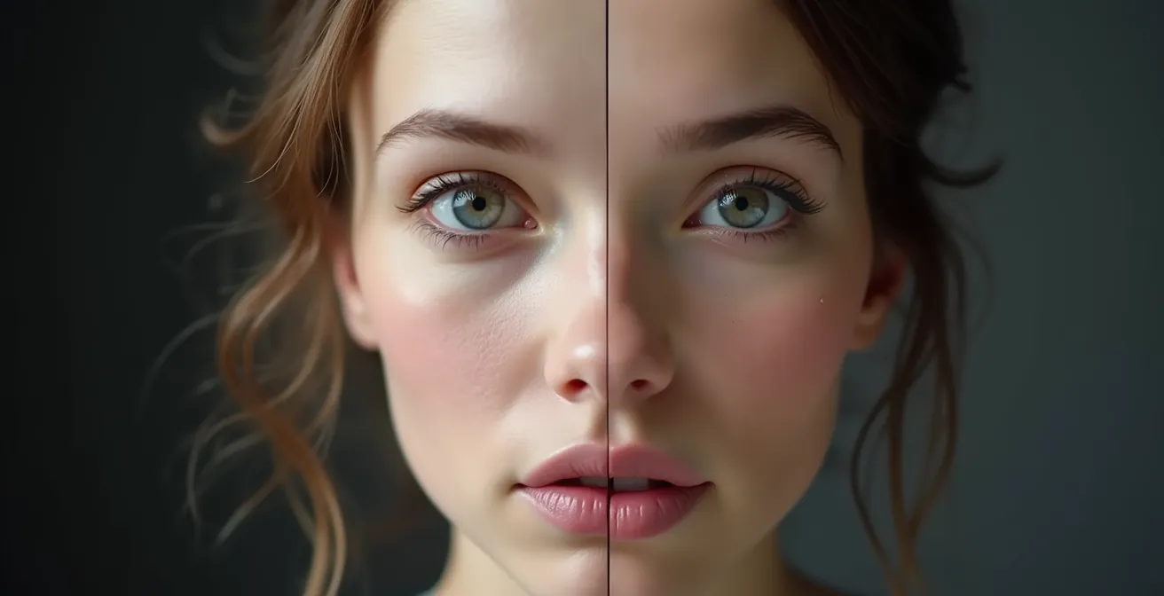 Ein visueller Vergleich zwischen einem natürlich asymmetrischen Gesicht und einem perfekt symmetrischen Gesicht, das das psychologische Unbehagen des Uncanny Valley demonstriert.