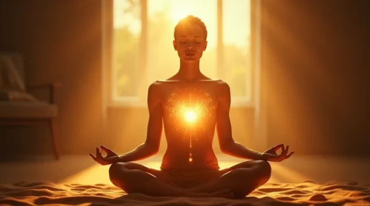 Eine Person in harmonischer Verbindung zwischen Körper und Geist, die innere Balance und ganzheitliches Wohlbefinden darstellt