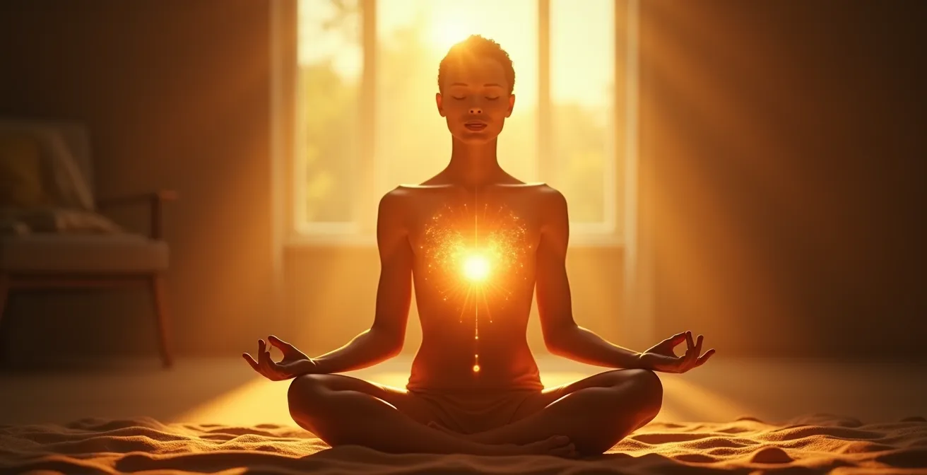 Eine Person in harmonischer Verbindung zwischen Körper und Geist, die innere Balance und ganzheitliches Wohlbefinden darstellt