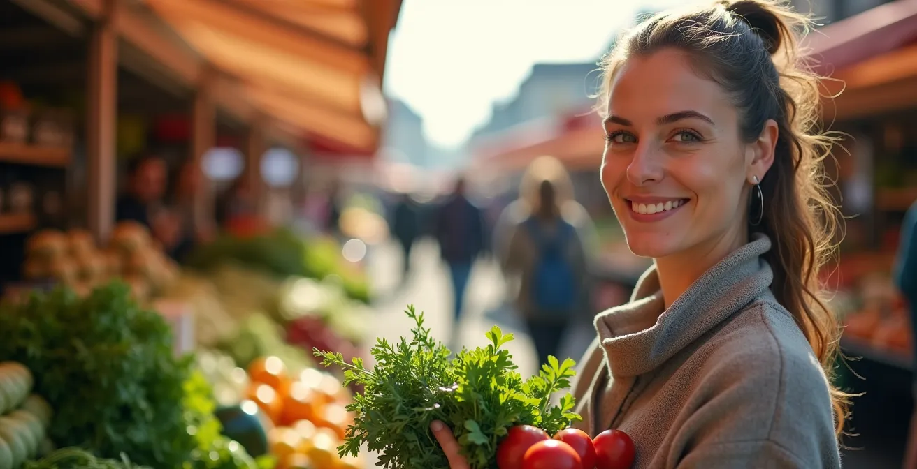 Eine lächelnde Frau kauft auf einem deutschen Wochenmarkt ein und hält frisches Gemüse und Kräuter in den Händen.