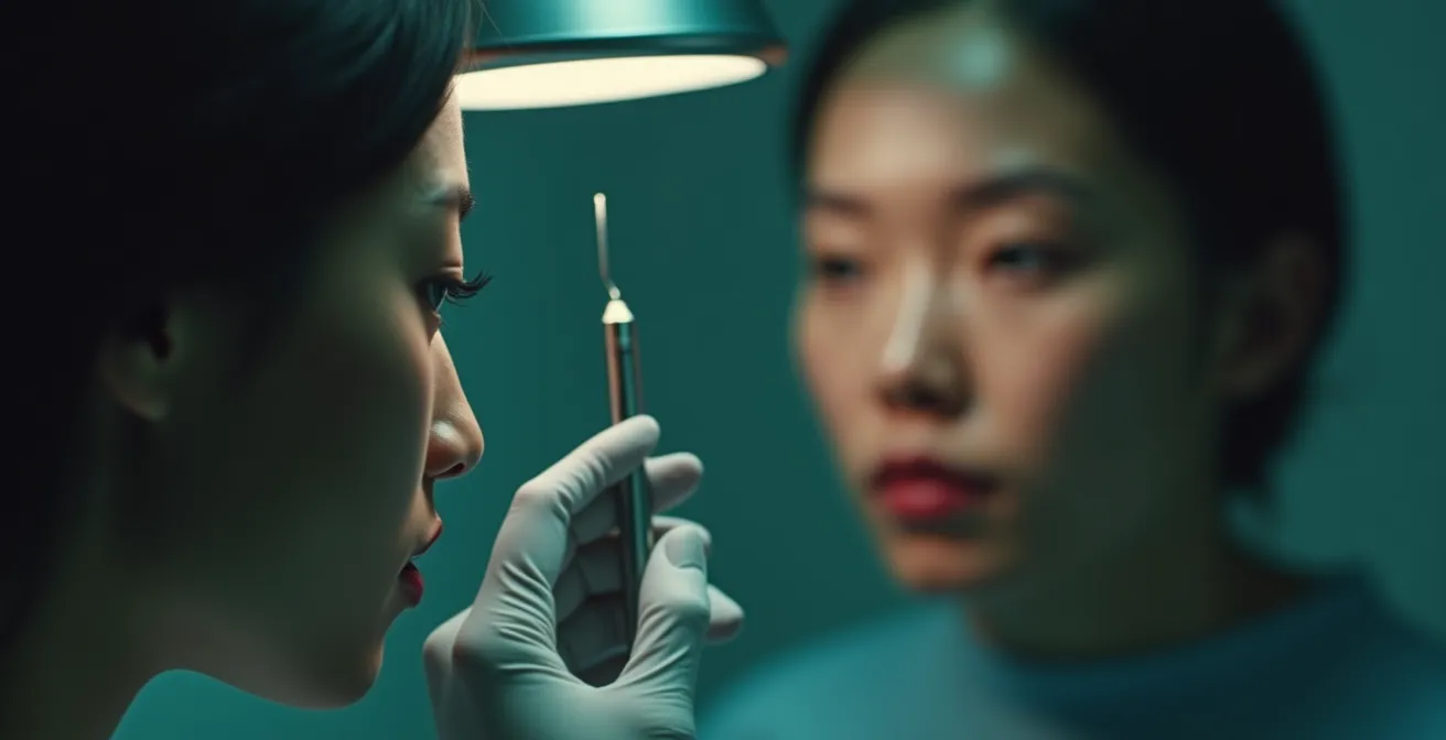 Konzeptuelle Darstellung der ethischen Grauzonen zwischen persönlichem Wunsch, gesellschaftlicher Norm und medizinischer Verantwortung in der Schönheitschirurgie