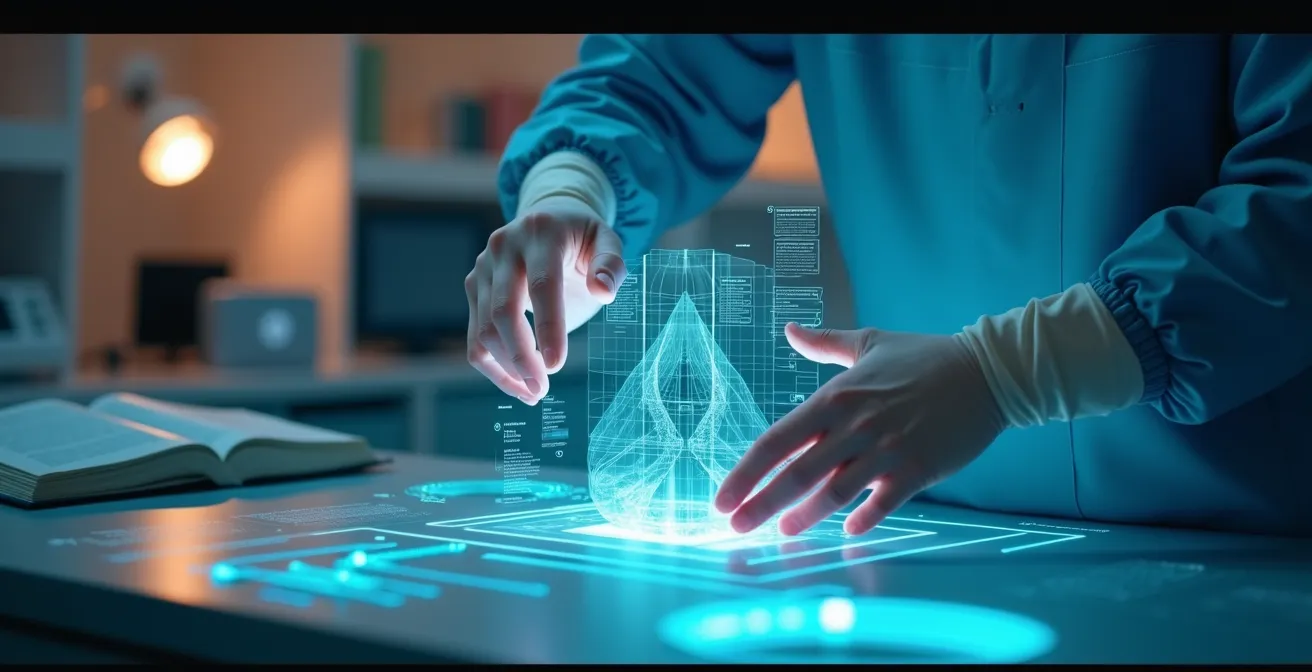 Futuristische medizinische Technologien in der ästhetischen Chirurgie mit Präzisionsinstrumenten und digitalen 3D-Visualisierungen