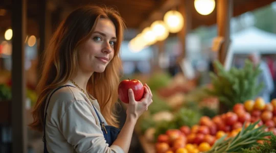 Eine Frau sitzt entspannt am Wochenmarkt und isst einen Apfel, mit frischen Gemüse und Kräutern ringsum.